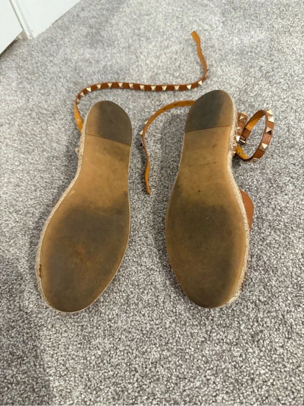 Valentino Tan Leather Espadrille Sandals with Gold Studs